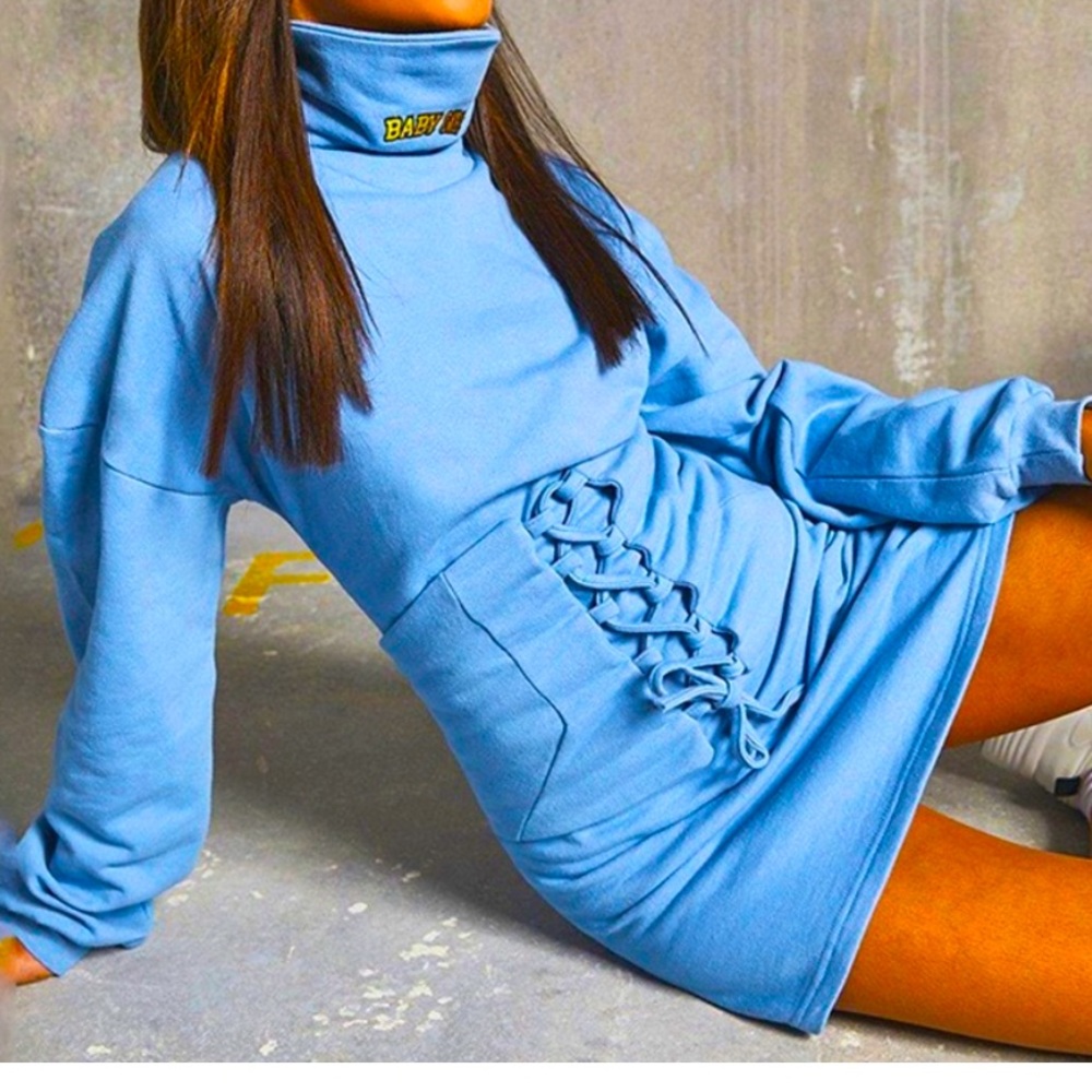 Blue Mini Dress with Lace-Up Detail